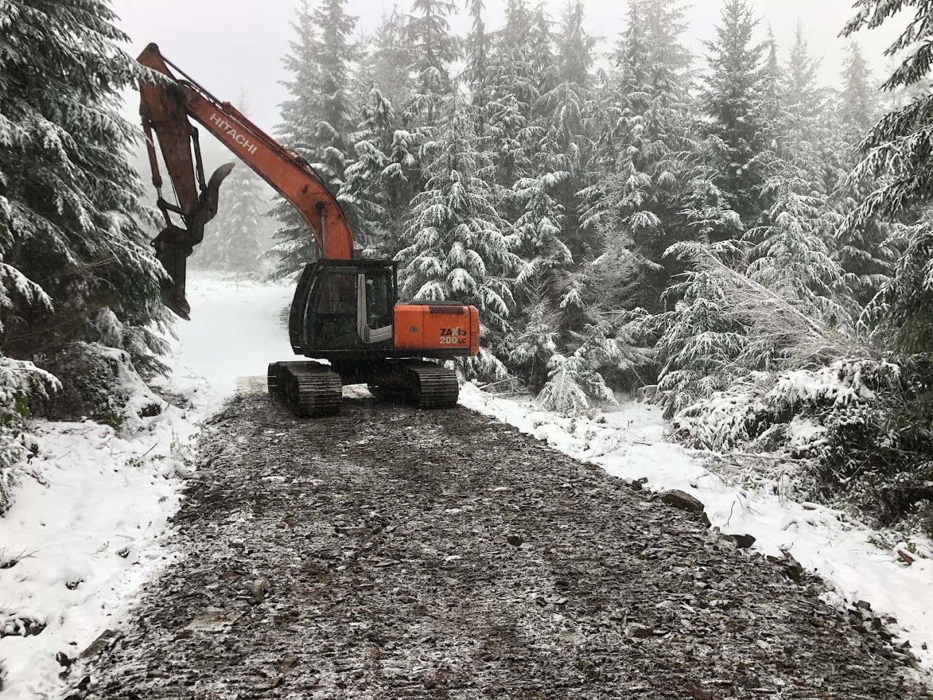 An excavator on a snow-covered forest road surrounded by snow-laden firs